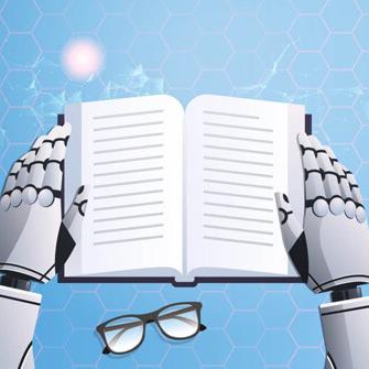 Vector image of robot hands holding open pages of a book.